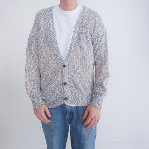 Vintage '90S Michael Gerald Gray Cream Knit Button Up Cardigan Sweater L